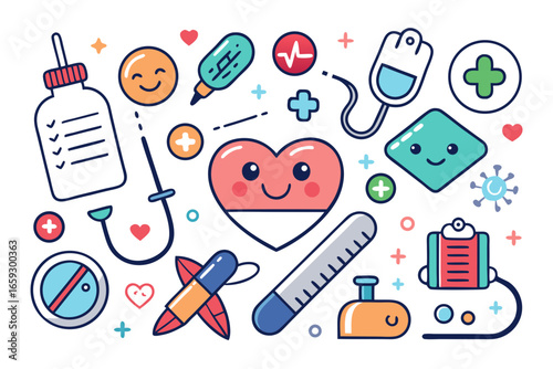 Cheerful healthcare icons and medical illustrations with smiling faces, perfect for health, wellness, and medical-themed projects, conveying positivity and care