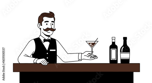 Bartender with Moustache Holding Cocktail Glass in Bar Interior with Brown Counter Top and Wine Bottles Black and White Graphic Illustration