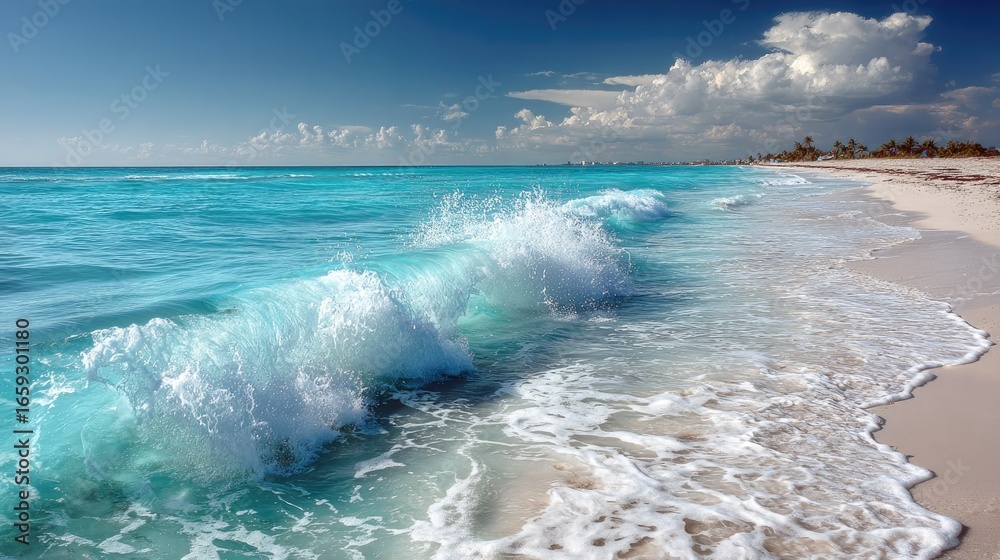 Fototapeta premium Turquoise waves crash on a white sandy beach under a bright blue sky