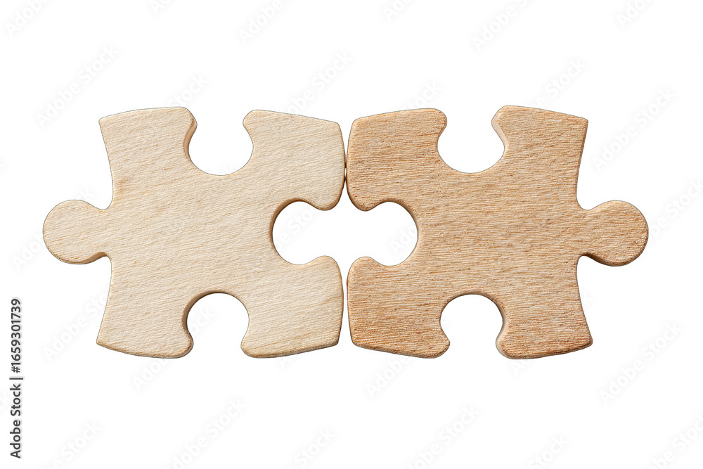 Fototapeta premium Two light beige wooden puzzle pieces joined
