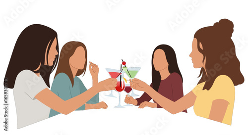 Group of Young Women Enjoying Colorful Cocktails in Casual Outfits with Happy Celebration Theme Against a White Background