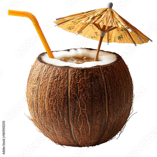 Refreshing tropical coconut drink with a straw and umbrella served in a halved coconut isolated on transparent background