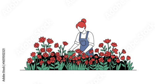 Illustration of Woman Gardening Red Flowers in a Field on White Background with Green Plants and Blue Overalls