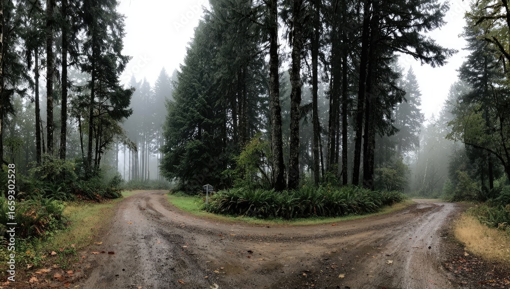 Naklejka premium Misty forest road intersection
