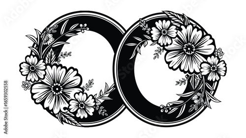 Vector art of elegant floral infinity symbol, representing love and eternity with blossoming flowers and leaves.