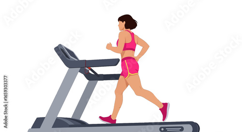 Woman in Pink Sportswear Running on Treadmill for Fitness Exercise Indoors Against White Background