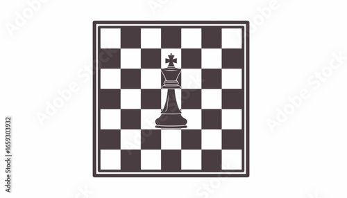 A single chess king piece standing prominently on a checkered game board, isolated.