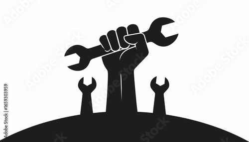 A fist holding a wrench, symbolizing labor and repair, with additional wrenches below, on a white background.