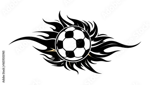 Fiery soccer ball emblem, black and white tribal flames design.