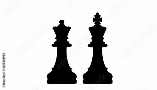 Silhouette of a queen and king chess pieces standing side-by-side against a white background.