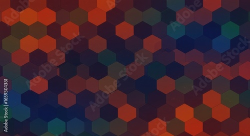 Wallpaper Mural A mosaic of colorful, overlapping hexagons in shades of red, orange, blue, and green create a textured, abstract design with depth and luminosity Torontodigital.ca