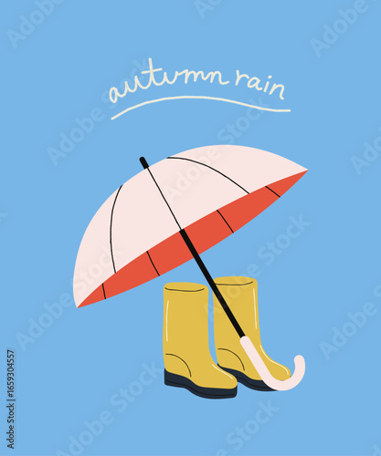 Umbrella and Rain boots. Autumn Rain Vector Illustration