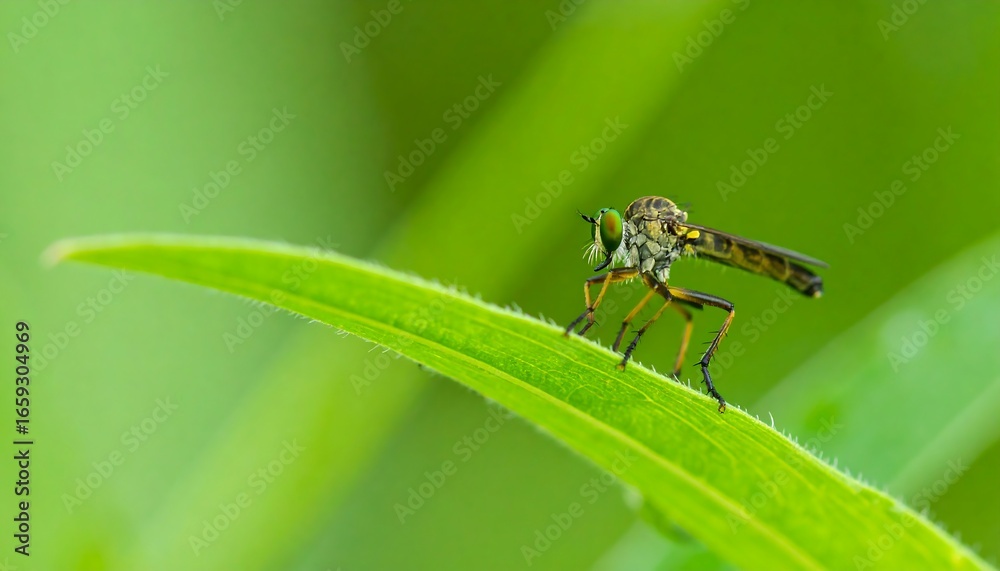 Fototapeta premium Robber fly on a blade of grass