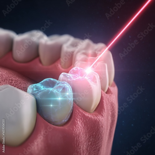 Gum correction surgery with laser. Dental 3D illustration 