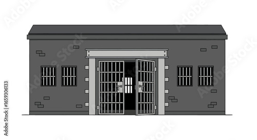 Gray Brick Jail Facade with Bars on Windows and Doors in a Flat Vector Illustration Style