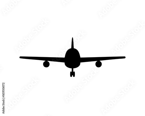 Simple Black Silhouette of a Passenger Airplane Facing Front On White Background