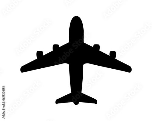 Overhead View of a Dark Airplane Silhouette Against a White Background