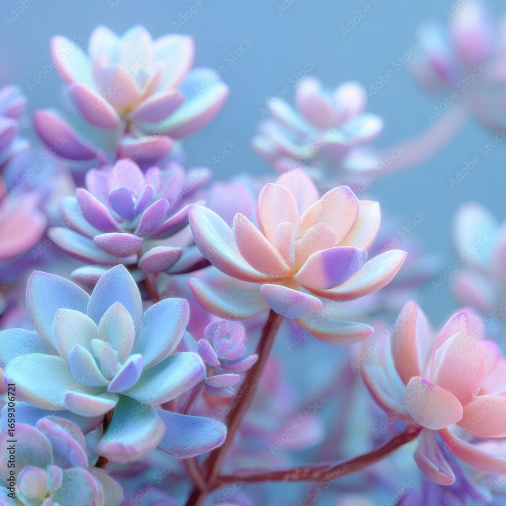 Fototapeta premium Colorful Succulent Plants in Soft Focus with Pastel Shades of Pink and Blue Background