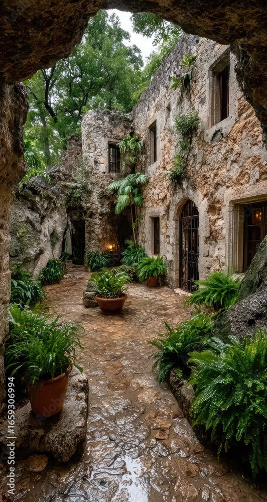Fototapeta premium Stone courtyard, lush greenery, ancient ruins