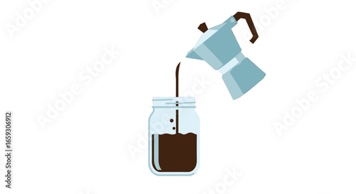 Pouring Hot Dark Coffee from Moka Pot into a Clear Glass Jar with White Background