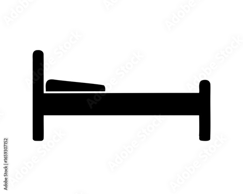 Black silhouette of a bed against a white background, simple icon
