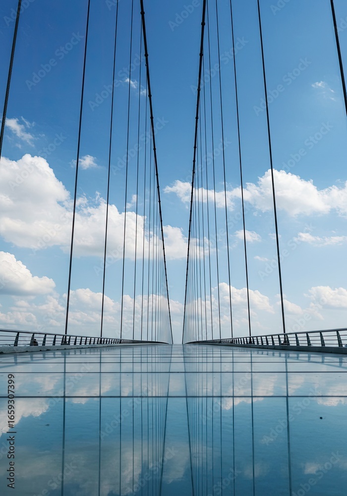 Fototapeta premium Modern glass suspension bridge reflecting sky, clouds, and cables