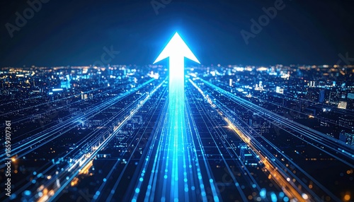 Abstract data network technology concept, upward arrow business growth, investment success and market increase.