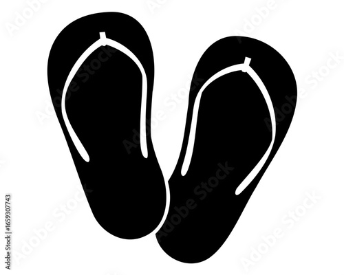 A graphic illustration of black flip flops suggestive of summer vacation