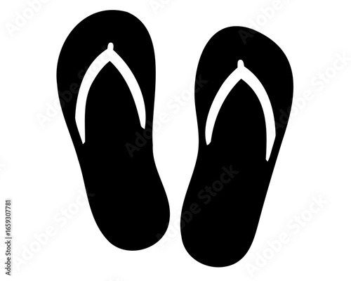 Minimalist black flip flops on a white background convey summer vacation