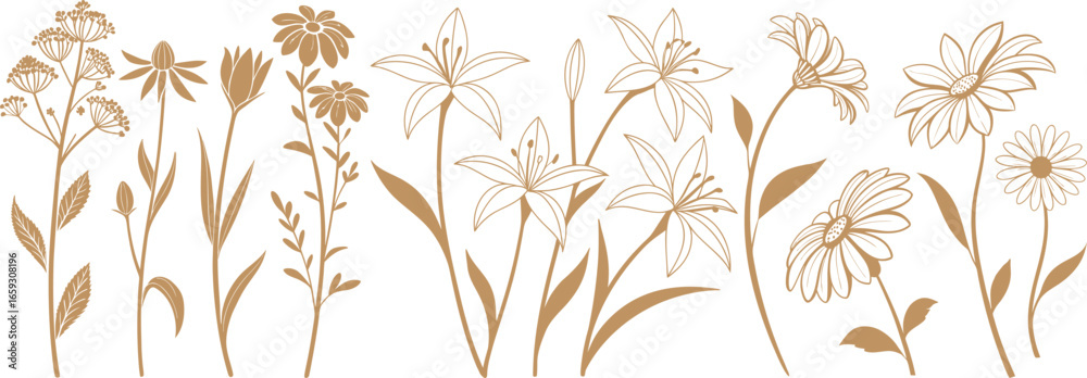 Naklejka premium Stylish floral line art with elegant garden blossoms and delicate botanical outlines. Perfect for modern design, decorative patterns, and minimal illustration projects. Nature inspired artwork vector.