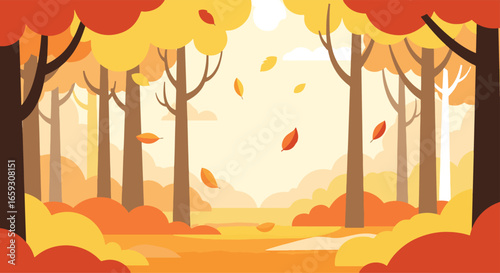 Vector illustration of an autumn forest landscape with colorful maple leaves and fall foliage
