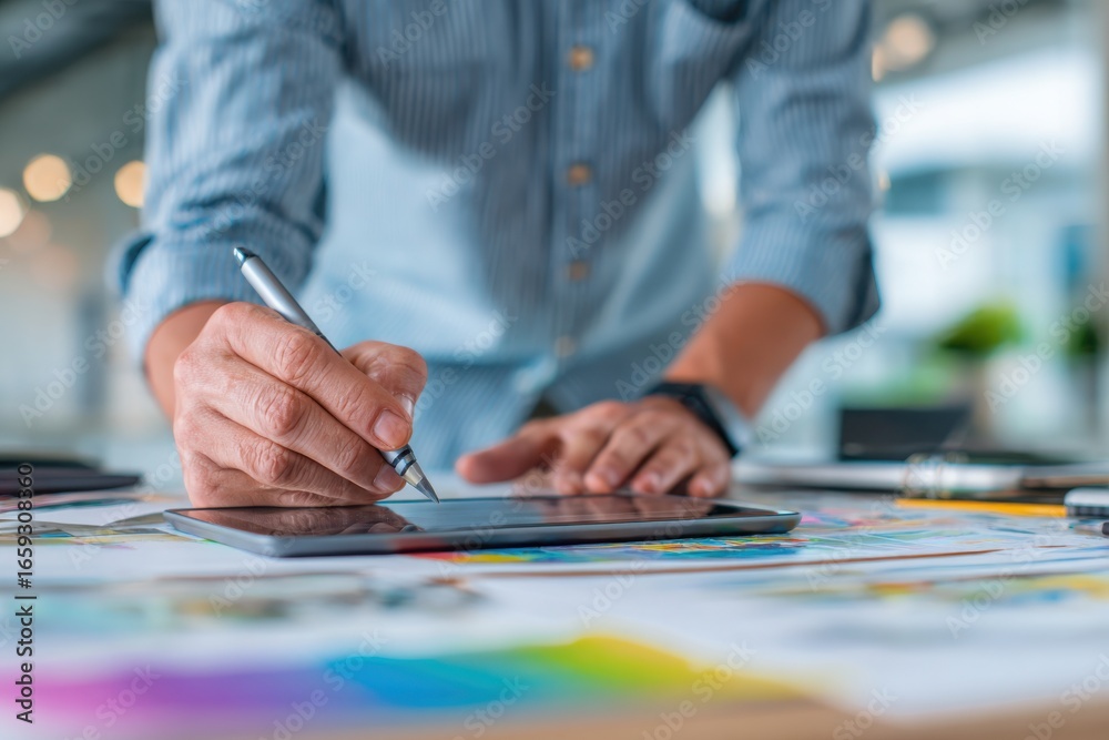 Fototapeta premium Close-up of a designer writing and sketching at a desk filled with colorful papers, notebook, and digital tablet in office.