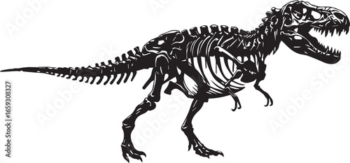 Tyrannosaurus Rex Dinosaur Skeleton Black Silhouette on White Background T-Rex fossil