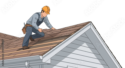 Roofer in Gray Overalls Installing Brown Shingle on Residential House Roof with Yellow Hardhat and Toolkit Under Bright Sunlight