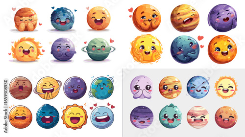 Colorful cartoon planets of the solar system with expressive emoji faces, creative character design for astronomy, space education, and playful illustrations.