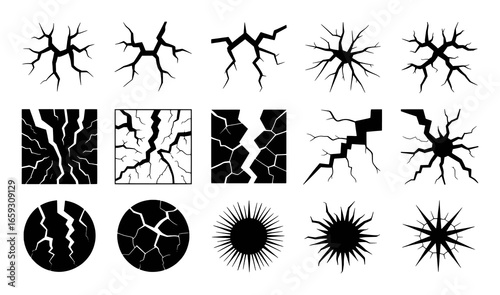 Set of black crack and fracture graphic elements for design break damage