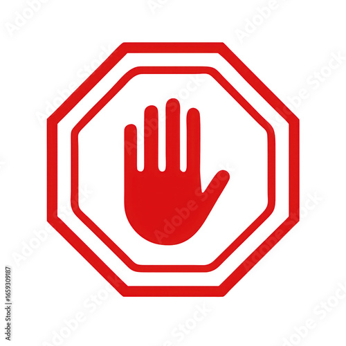 Red stop sign with open hand symbol indicating halt or warning isolated on transparent background