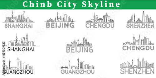 China City Skyline Silhouettes of Shanghai, Beijing, Chengdu, Guangzhou, and Shenzhen Displaying Iconic Buildings and Landmarks in Simple Black and White Designs
