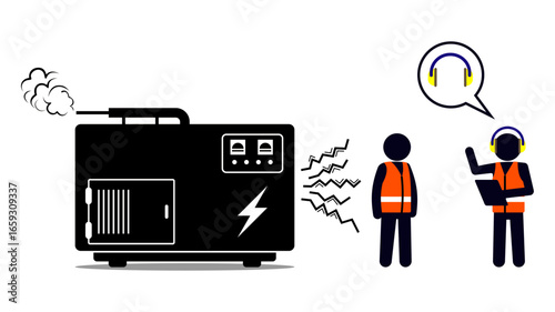 Stick figure of an occupational health and safety officer reminding workers to wear ear protection to avoid noise hazard