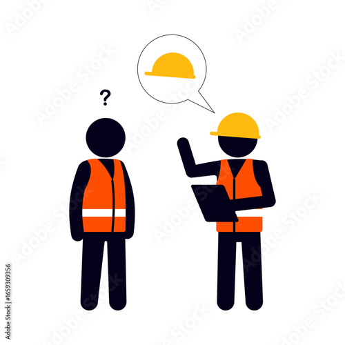Stick figure of an occupational health and safety officer reminding workers to wear safety helmet.