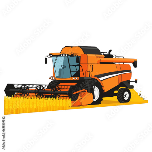 Orange Combine Harvester Harvesting Golden Wheat Crop on Field on White Background Pixel Art Style Illustration