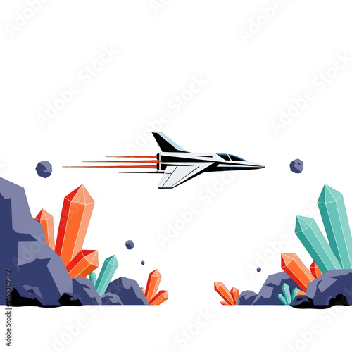 Pixel Art White Jet Flying Through Crystal Landscape with Orange and Teal Accent on White Background