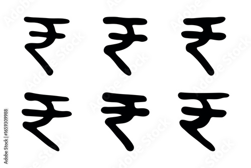 Set of hand drawn rupee currency symbol. Brush stroke doodle. Single element for design