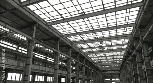 Vast Industrial Building Interior with Exposed Steel Structure and Skylight Ceiling warehouse