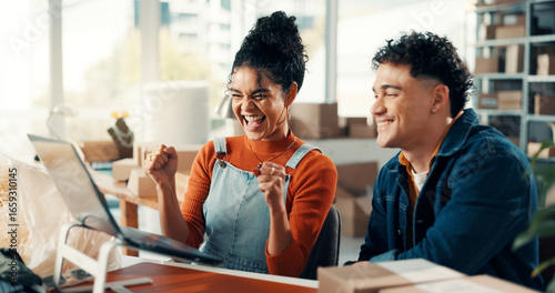 Tableau sur toile Happy people, fist pump or winning with laptop in logistics for good news, online review or deal