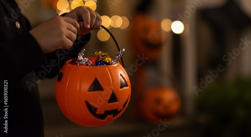 Child holds an orange jackolantern candy bucket full of wrapped candies  Other Halloween decor is visible in the background