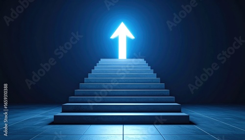 Career development growth concept, taking steps on stairs with upward arrow leading to future success achievement.