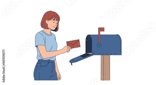 Woman Holding Red Envelope Near a Blue Mailbox with a Checkered Design Standing Near Post