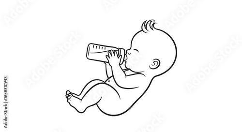 Line Art Illustration of a Baby Drinking from a Bottle on a White Background Simplistic Design with Clean Lines