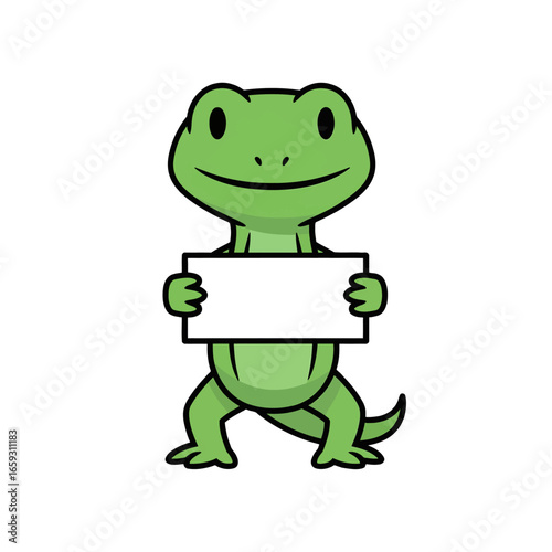 Friendly Cartoon Lizard Holding a Blank Sign with Cheerful Expression in White Background Perfect for Advertisement and Marketing